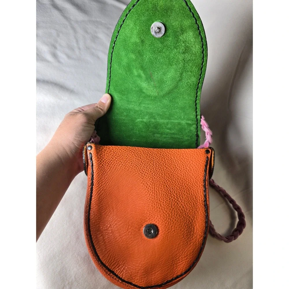 Handmade Leather Crossbody Bag Braided Strap Colorblock Pink Orange Green - Picture 5 of 16